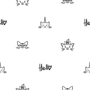 Seamless pattern with doodle cat portraits and hello word. Background with cute kitten faces, unicorn cat. Black line sketch art icon. Cute cartoon kids design. Outline drawing logo minimal style.