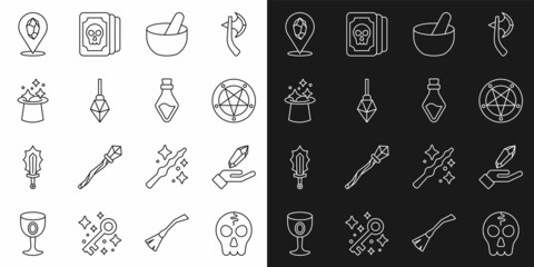 Set line Skull, Magic stone, Pentagram in circle, Witch cauldron, hat, and Bottle with potion icon. Vector