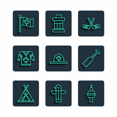 Set line Indian teepee or wigwam, Canadian totem pole, TV CN Tower in Toronto, Ice hockey sticks, ranger hat, Hockey jersey, Flag of Canada and Paddle icon. Vector