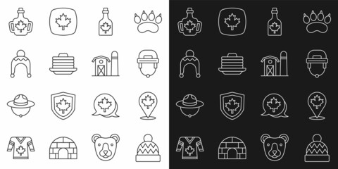 Set line Beanie hat, Canadian maple leaf, Hockey helmet, Bottle of syrup, Stack pancakes, Winter, and Farm house icon. Vector