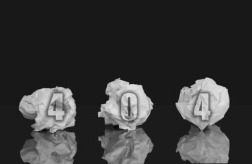 Concept of error 404. Three white crumpled sheets of paper with text on black isolated background...