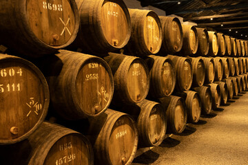 porto barrels in a cellar - obrazy, fototapety, plakaty