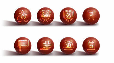 Set line Burning car, Fire hose reel, sprinkler system, Firefighter helmet, Emergency call 911, Flasher siren and protection shield icon. Vector