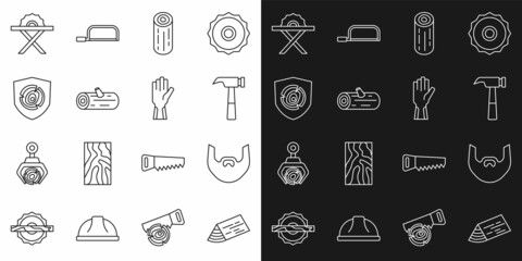 Set line Wooden beam, Mustache and beard, Hammer, logs, Electric circular saw and Protective gloves icon. Vector