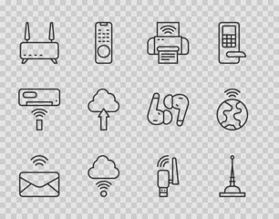Set line Mail and e-mail, Antenna, Smart printer system, Network cloud connection, Router wi-fi signal, Cloud upload, Usb wireless adapter and Global technology icon. Vector
