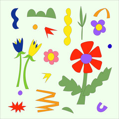 A set of abstract plant elements in the hippie style for botanical illustration. Summer icons