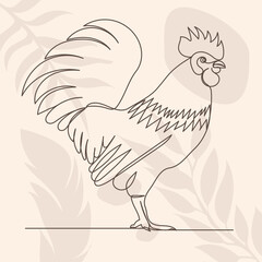 rooster line drawing on abstract background ,vector, isolated