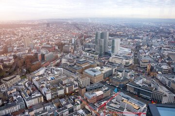 Frankfurt am Main financial business district. Panoramic aerial view cityscape skyline with skyscrapers.