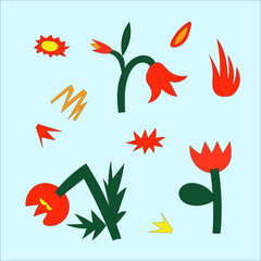 A set of bizarre psychedelic plant elements and flowers in the hippie style of the 60s and 70s for botanical illustration. Summer icons