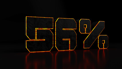 Digital outline of a orange 56% sign on a black background, 3d render illustration.