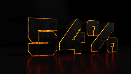Digital outline of a orange 54% sign on a black background, 3d render illustration.