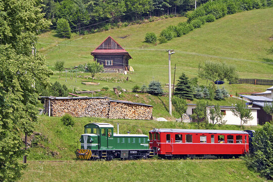 Ciernohronska Railway in the valley of the river Black Hron, Slovakia. The railroad was built to transport timber, now take tourists.