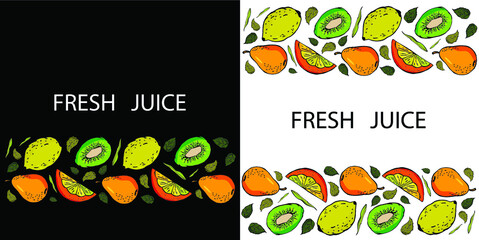 Fresh juice, fruits, digital illustration. Set of orange, pear, lemon, kiwi, and leaves on a black and white background. Printing on a business card, banner, juice packaging, poster, textile. Vector.