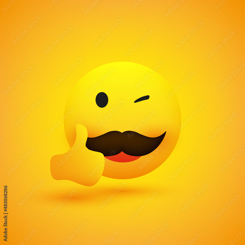 Poster smiling emoji - simple happy winking emoticon with mustache showing thumbs up on yellow background -