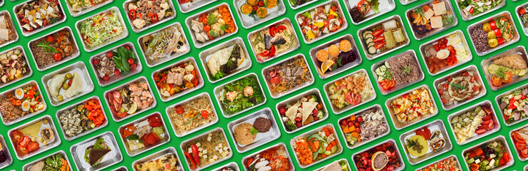 Creative Background With Prepared Healthy Low Fat Meals In Foil Containers
