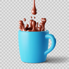 Ceramic cup with a splash of chocolate or coffee. Realistic vector illustration isolated on transparent background