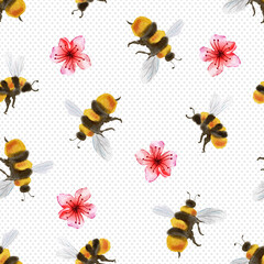 Spring Honey Bees and Pink Blooms Watercolor Seamless Pattern