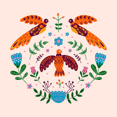 Vector ornament with various birds, flowers and leaves with different folk compositions. Motif in scandinavan style. Ethnic flat illustration with nordic detailed in trendy colors