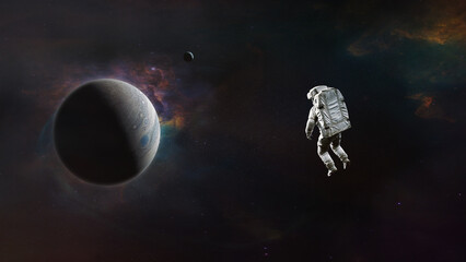 Fototapeta na wymiar Spaceman is flying in outer space close to Jupiter planet. Elements of this image furnished by NASA.