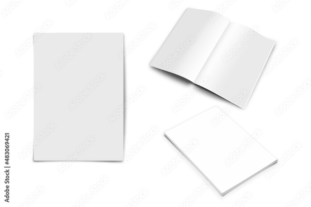 Poster blank magazines front and back cover and perspective spread. stack of magazines. mock up isolated on