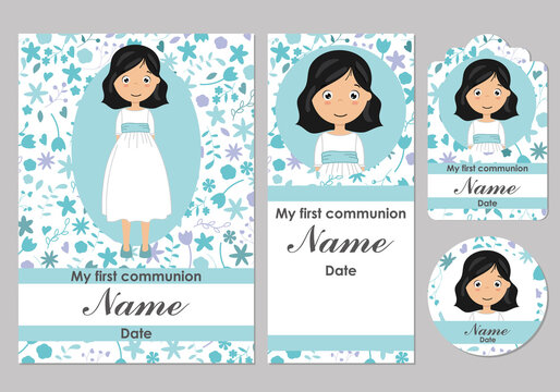 First communion card, bookmark, label and sticker set for girl	