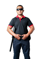 Fototapeta na wymiar A security guard in a black uniform wearing dark glasses stood looking straight. With a strong stand and a rubber batons on the tactical belt. on a white background isolated, cut out. Security concept