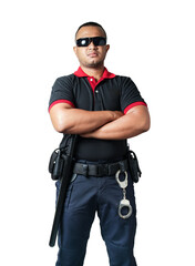 Fototapeta na wymiar Security guards wearing black glasses.stand with arms crossed with rubber batons and handcuffs on tactical belts. on a isolated white background Eliminate the concept of security