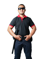 Security guards wear dark glasses. Standing upright with a strong alert posture and rubber batons...
