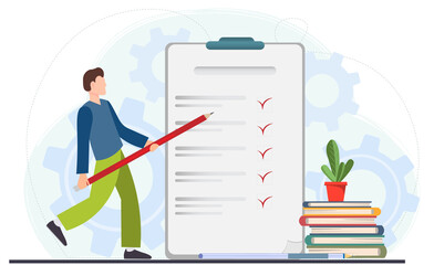 Young happy man holding pencil and examining check list or document, business analysis, audit, research concept, flat vector illustratiion