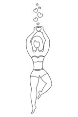 Young woman and heart symbol. Sketch. Love gesture with hands. The girl folds her palms in her heart. Vector illustration. Coloring book for children. Hearts fly. Woman Lady in clothes for sports. 