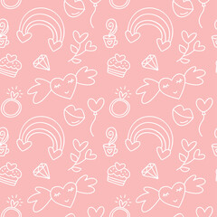 Vector seamless pattern with rainbow heart, cupcake. Creative baby kids hand drawn texture valentine love for fabric, wrapping, textile, wallpaper, apparel illustration