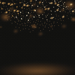 Vector gold glitter particles background effect. Sparkling texture. Stardust sparks in an explosion on a transparent background.