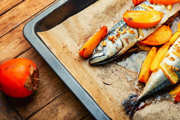 Baked scomber fish with persimmon.