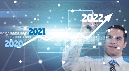Concept of planning and strategy. Stock market. Business man or trader is showing a growing virtual...