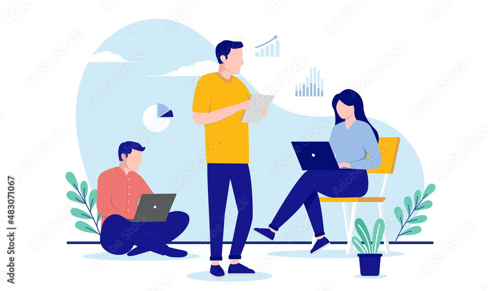 Poster working with analytics - casual business people working on computers with graphs and charts. flat de