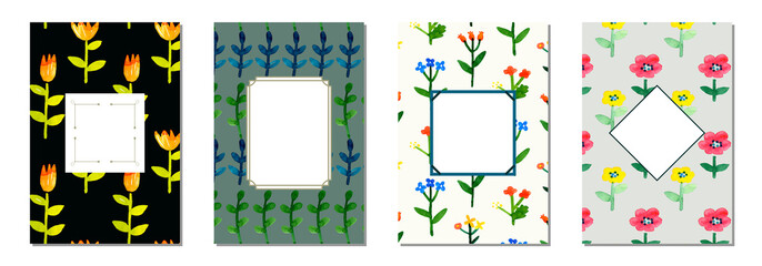 水彩葉っぱと小花のパターンフレームセット