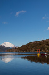 芦ノ湖に浮かぶボートと富士山