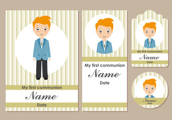 Set my first communion boy. Card, bookmark, label and sticker.