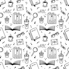 Pattern of various reading items. Vector black and white illustration of seamless background of assorted objects showing concept of reading on white background