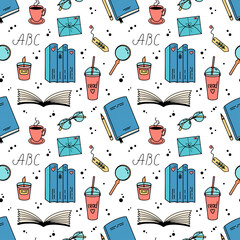 Pattern of various reading items. Vector illustration of seamless background of assorted objects showing concept of reading on white background