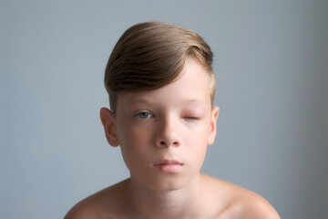 Portrait of a boy with a swollen eye from an insect bite. Allergic reaction to insect bites. Closed...