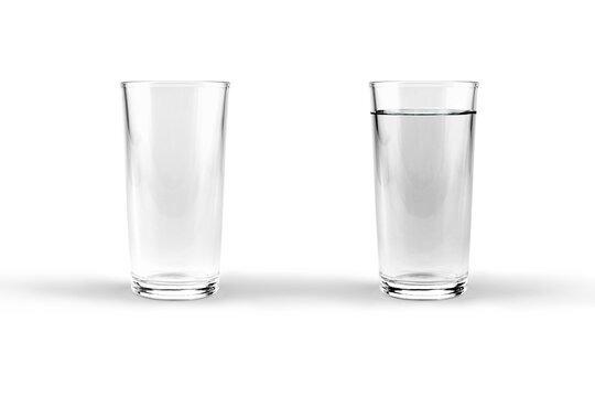 Full and empty glass of water mockup isolated on white background.3d rendering.