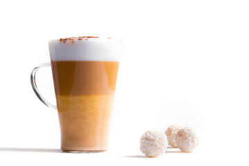 Cafe latte macchiato layered coffee on white background