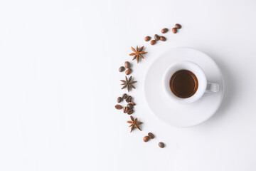 Cup of coffee , coffee beans on white background. Cup of espresso.Top view