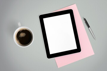 tablet computer with a cup of tea or coffee. concept business or to do list goals