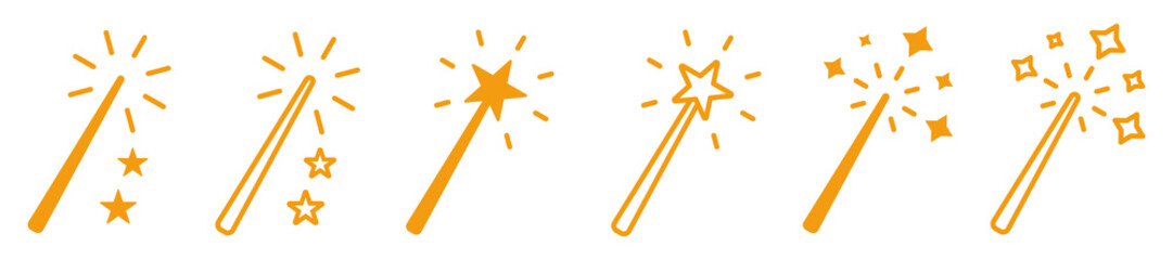 Set of magic wand icons. Magic wand with a star, wizard tool. Magic and miracle symbols. Wizard stick for apps and web sites, vector. © SVIATOSLAV