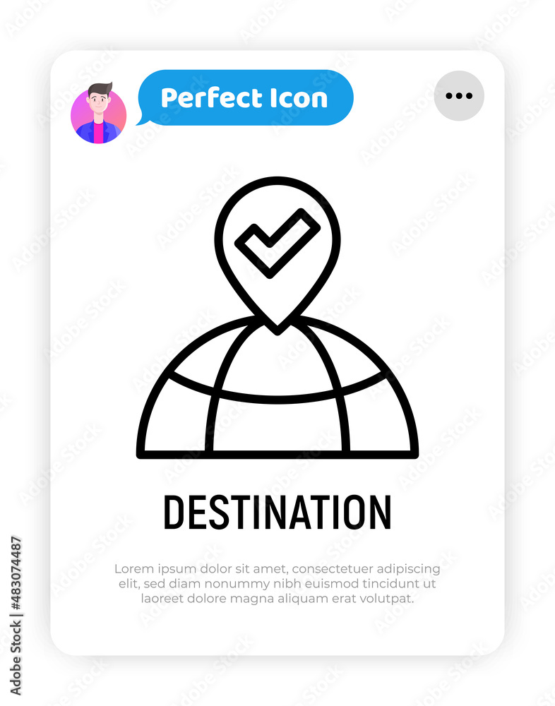Sticker destination thin line icon: pointer on the globe. modern vector illustration.