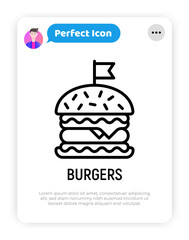 Burger thin line icon. Fast food. Modern vector illustration of hamburger for logo.