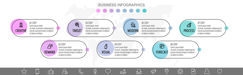 Vector hand-drawn infographics with 7 circles and labels. Modern concept graphic process template with seven steps and symbols. Sketch timeline for business project on white background