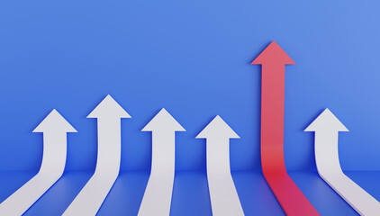 Perspective red arrow growth over white arrows, competitive and success business concept. 3d rendering illustration.
